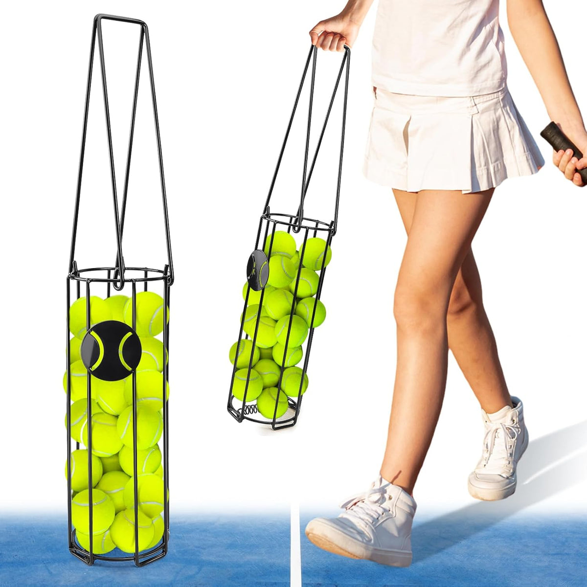 Cylindrical Tennis Ball Hopper Collector Pickleball Balls Retriever Basket Tennis Ball Picker Upper for Easy Picking and Storage Metal Container Holds 24 Tennis Balls Training Caddy