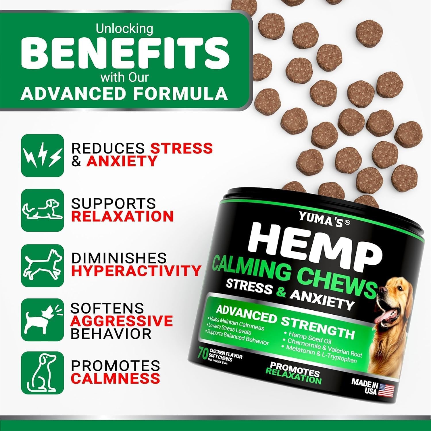 Advanced Calming Chews for Dogs - Hemp Dog Calming Chews - Anxiety Relief Treats with Melatonin, Hemp Oil - Separation Aid, Stress, Hip and Joint Supplement for Canine Health Support - Made in USA