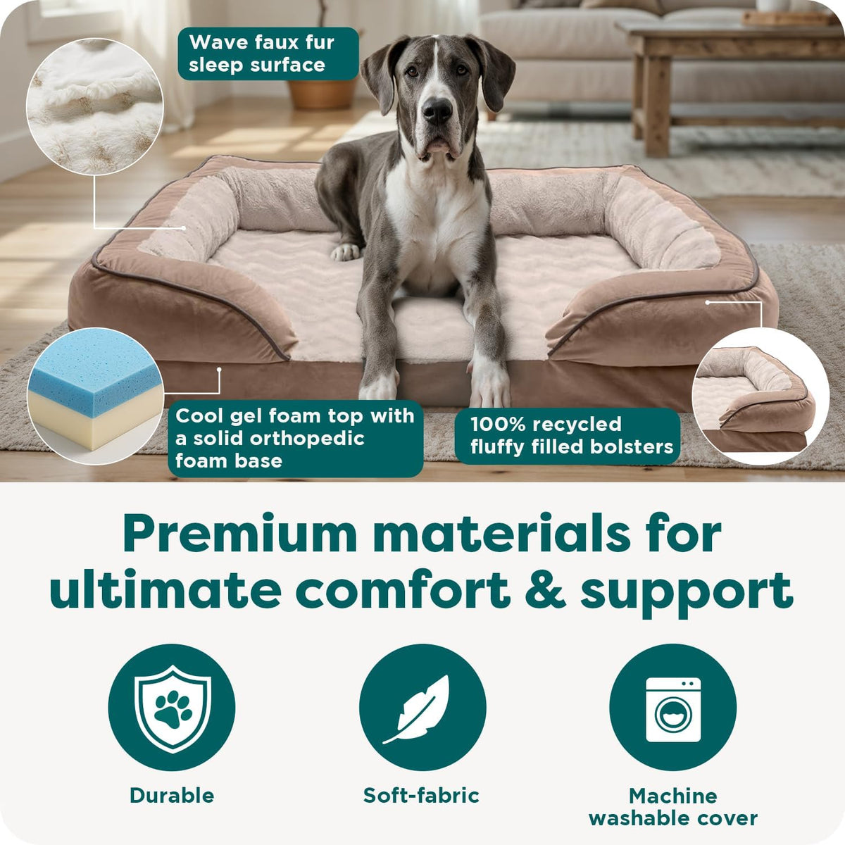 Furhaven Cooling Gel Dog Bed for Large Dogs, Perfect Comfort Sofa Bed with Cool Gel-Top Foam & Solid Orthopedic Foam Base for Joint Support, Washable Cover, Jumbo plus XXL, Plush & Velvet, Brownstone.
