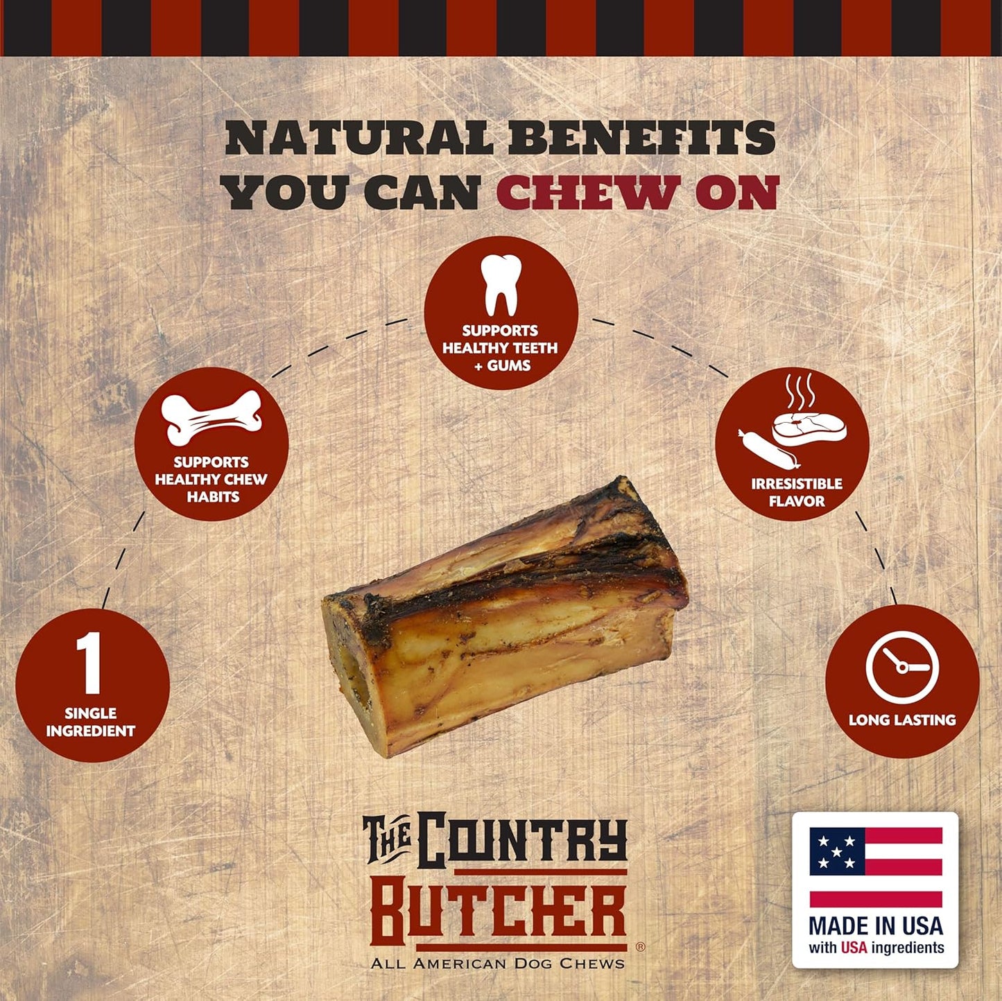 THE COUNTRY BUTCHER 4" Beef Marrow Dog Bones for Aggressive Chewers, Large and Medium Breed Dog Treat, Natural, Tough, Chew Toy, Made in the USA, 3 Count