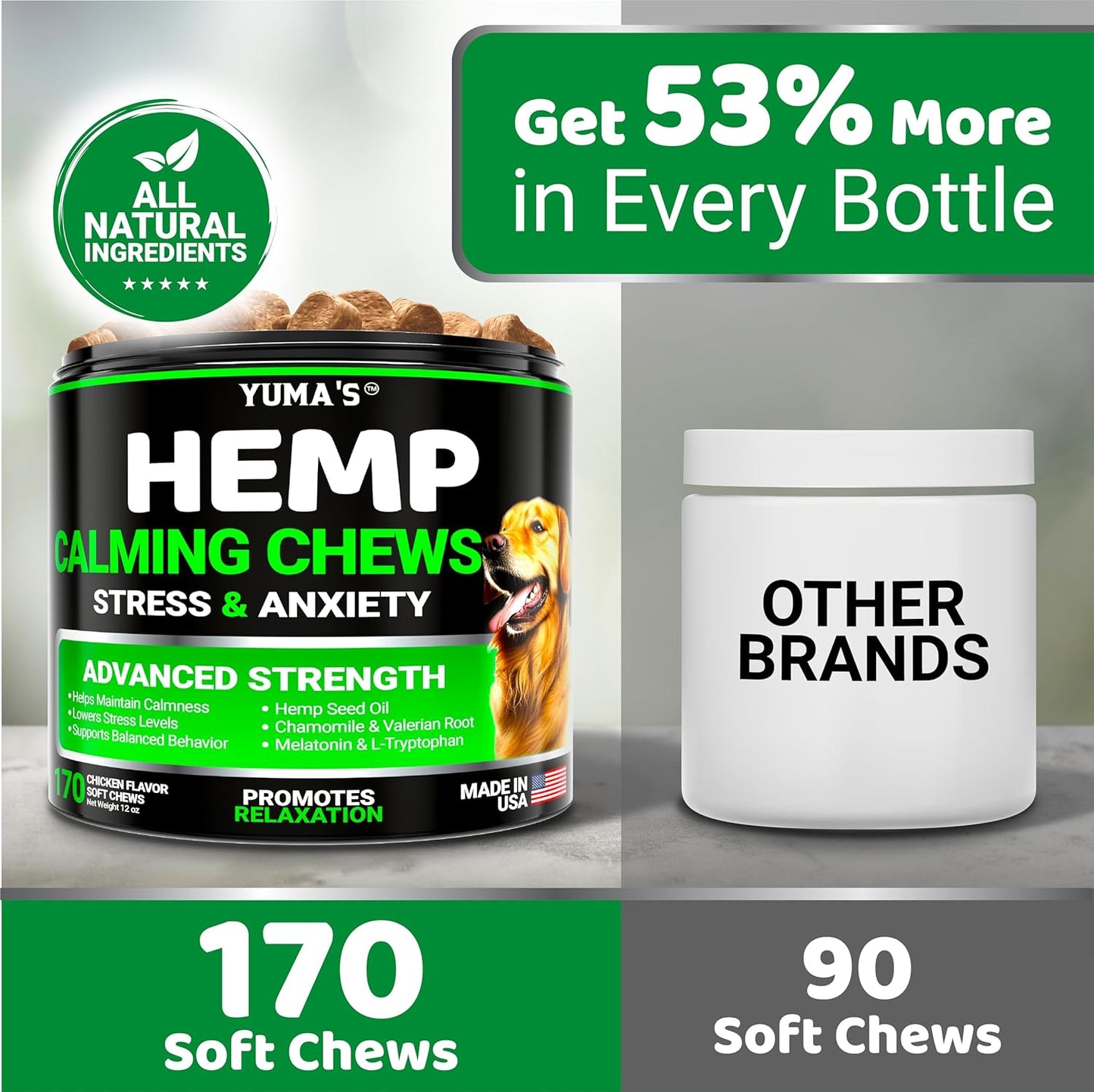 Hemp Calming Chews for Dogs - Advanced Dog Calming Chews - 170 Chews - Anxiety Relief Treats - Separation Aid, Barking, Stress Relief, Thunderstorms - Melatonin - Hemp Oil - Made in USA