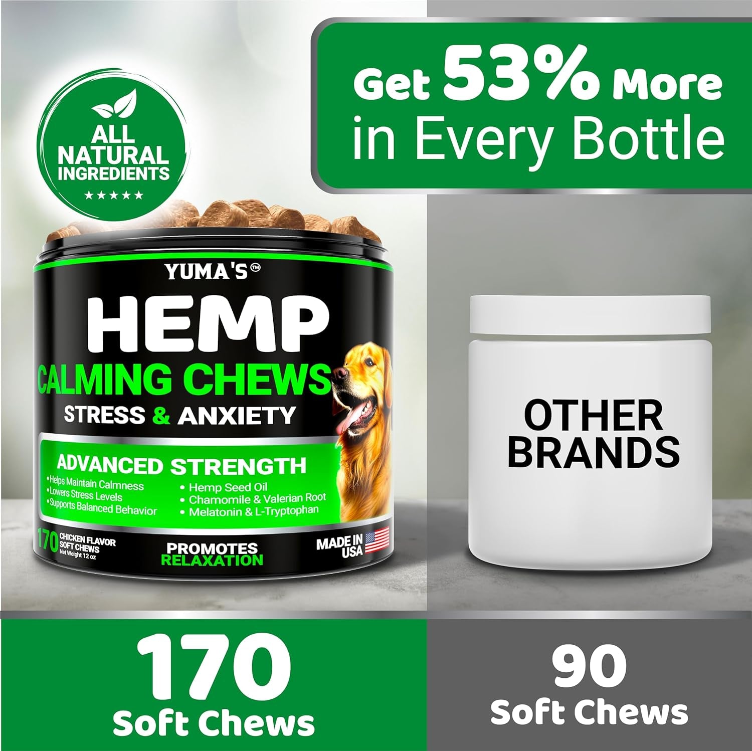 Hemp Calming Chews for Dogs - Advanced Dog Calming Chews - 170 Chews - Anxiety Relief Treats - Separation Aid, Barking, Stress Relief, Thunderstorms - Melatonin - Hemp Oil - Made in USA