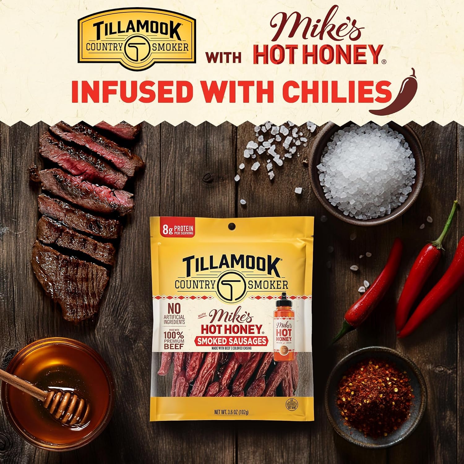 Tillamook Country Smoker 100% Premium Beef Smoked Sausage, Mike'S Hot Honey, 3.6 Ounce, Real Hardwood Smoked Sausages, Low Carb, High Protein, Ready to Eat Sweet & Spicy Snack