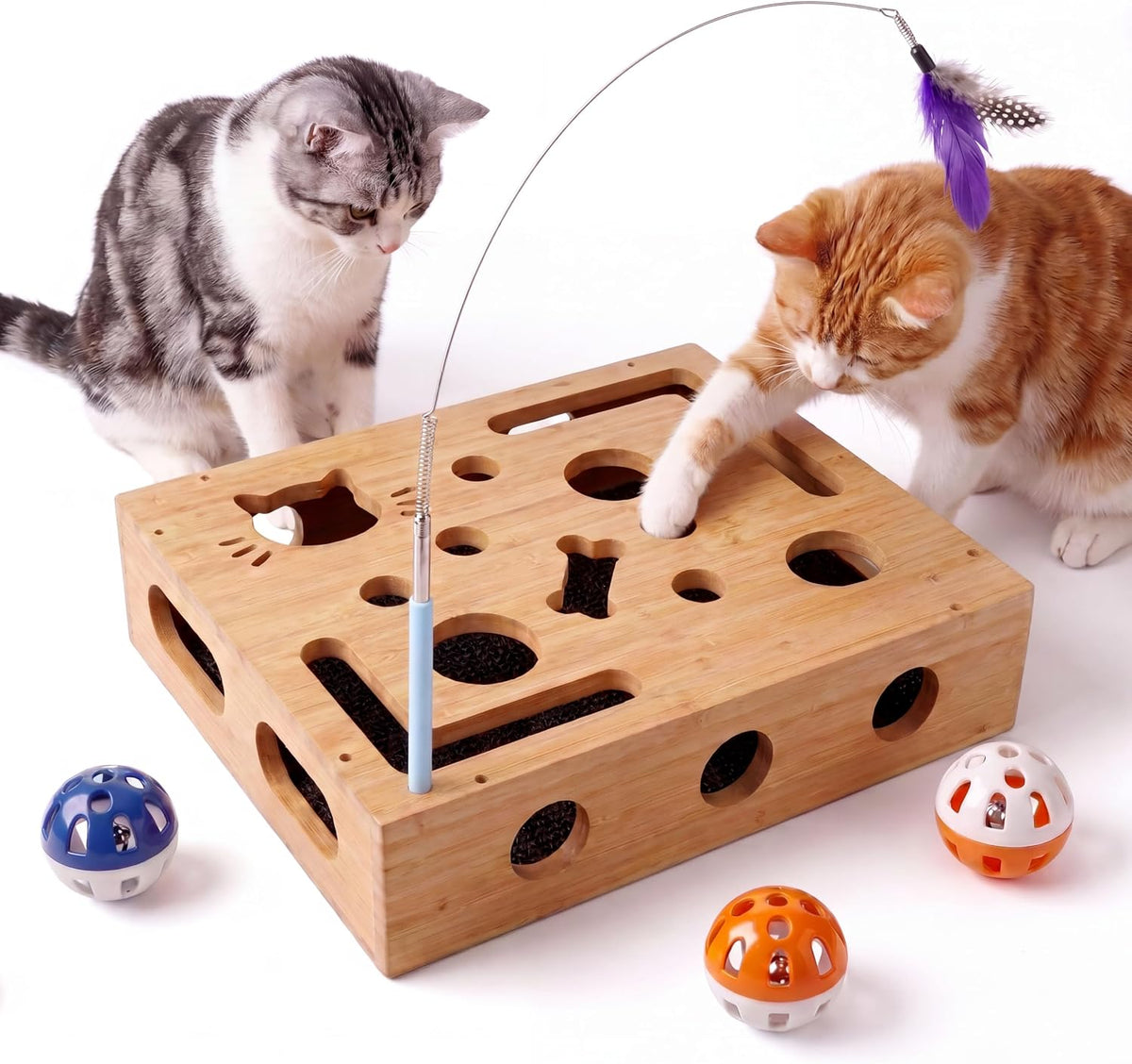 Bamboo Cat Scratch Puzzle Enrichment Box, Interactive Cat Nail File Box with Sandpaper, 3 Bell Balls & Teaser Wand, Durable Eco-Friendly Scratcher Toy for Indoor Cats, Stress-Free Nail Filing