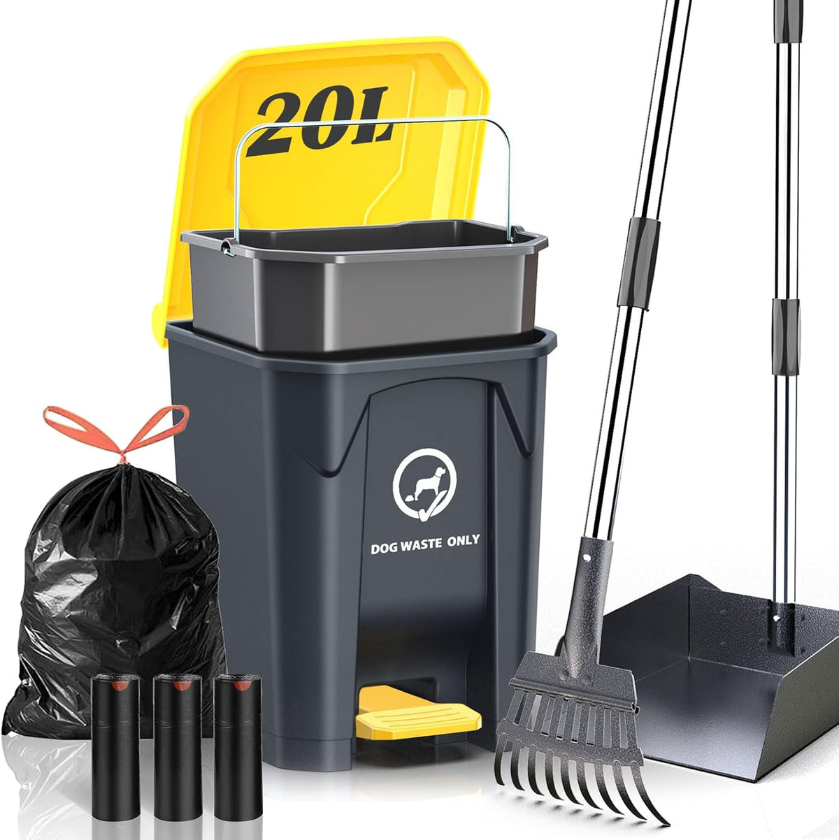 Outdoor Dog Poop Trash Can with Pooper Scooper & 60 Free Poop Bags -20 L/5.2 Gallon Dog Waste Trash Can Pet Waste Disposal Station with Inner Bucket - Metal Dog Pooper Scooper Great Dogs