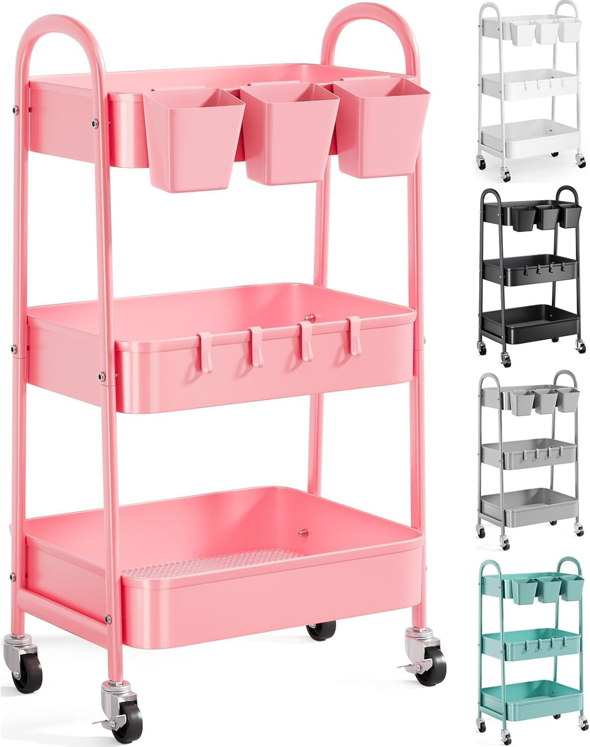 3 Tier Metal Rolling Cart with Lockable Wheels, Three Tiered Storage Carts