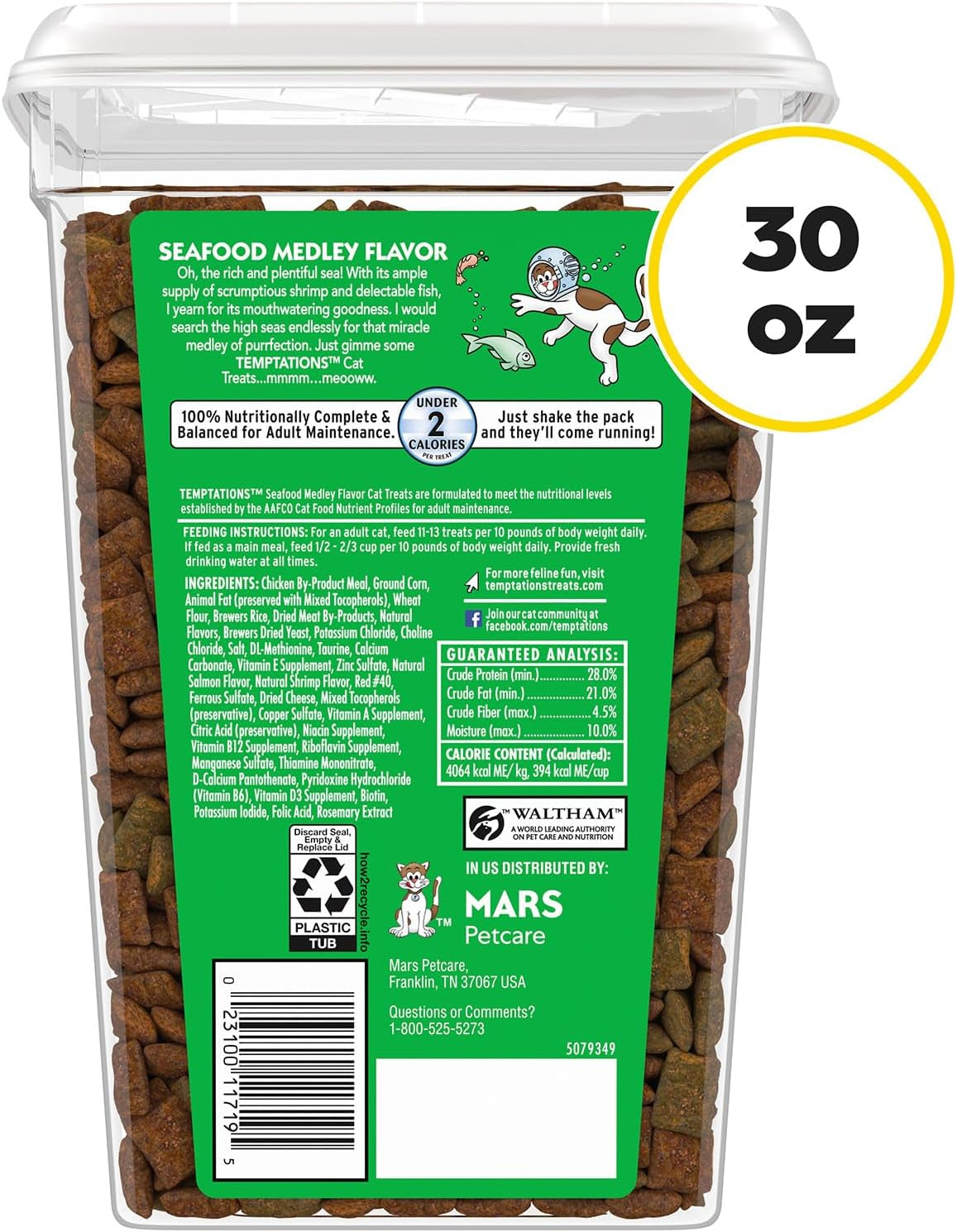 Temptations Cat Treats, Classic Crunchy and Soft Cat Treats, Seafood Medley Flavor, 30 Oz. Tub