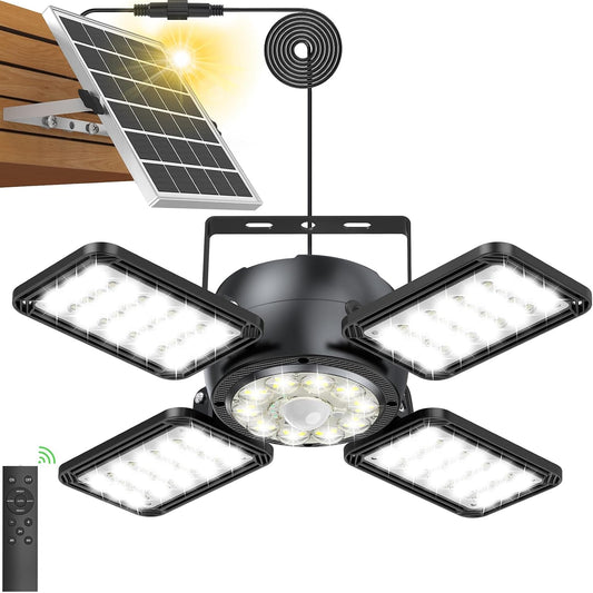 Latband Solar Shed Light Outdoor Indoor Upgrade 1200LM 174LED 4 and 1 Heads Motion Sensor Pendant Light, Solar Lights with 5 Lighting Modes Remote Control IP65 Waterproof for Barn Patio Gazebo Shop