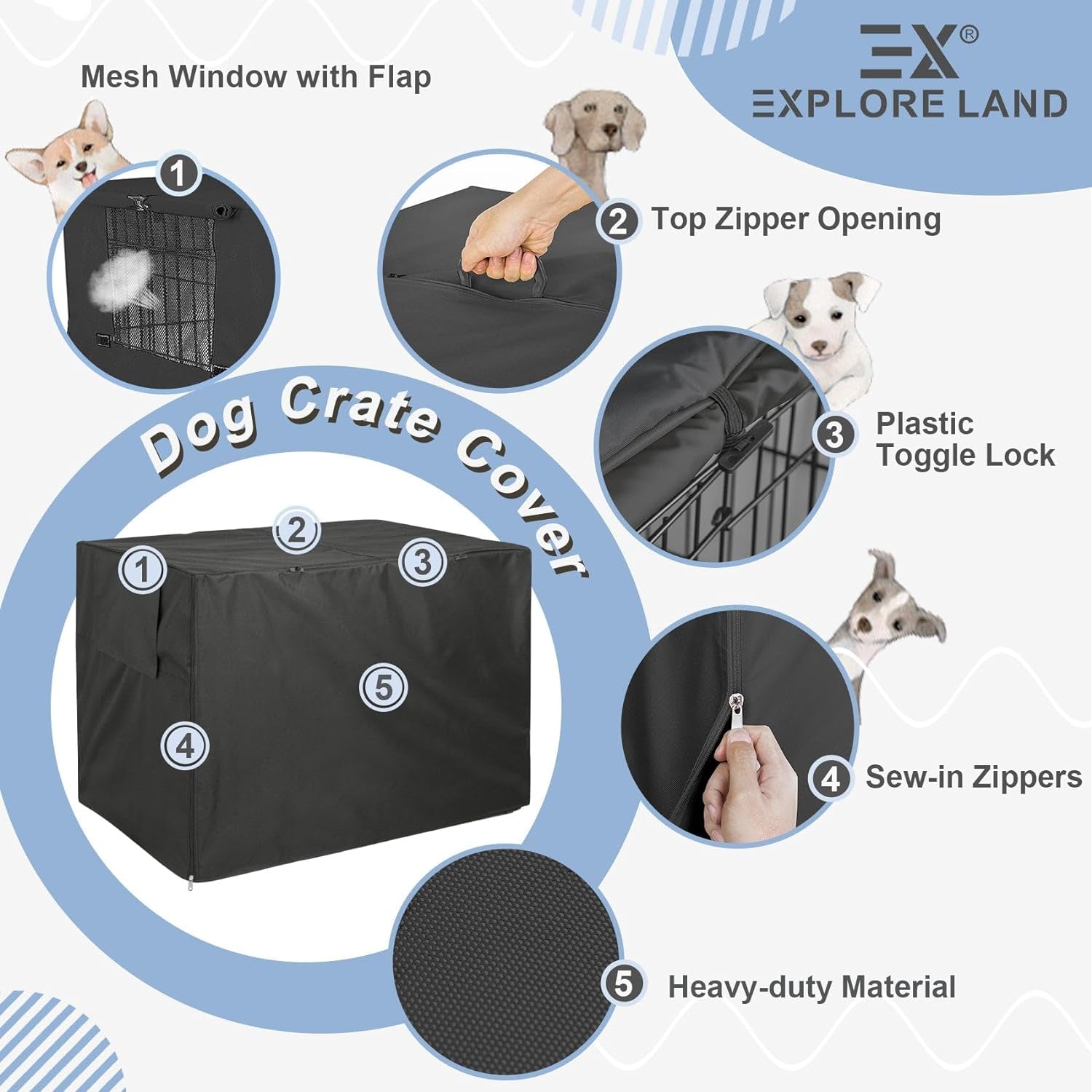 Explore Land Dog Crate Cover Heavy Duty Polyester Pet Kennel Sunshade Universal Fit for 42 Inches Wire Cage (Black)