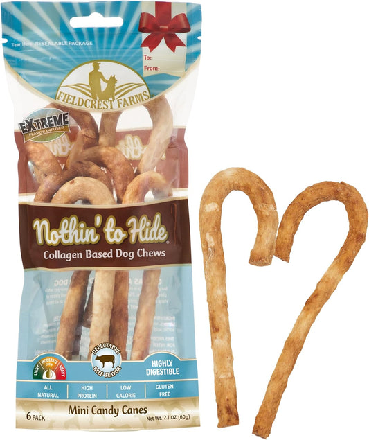 Fieldcrest Farms Nothin' to Hide Mini Holiday Candy Cane Beef Flavor Dog Chews, Rawhide-Free, Easily Digestible, Long-Lasting, All-Natural Treats for Moderate Chewers up to 15Lbs, 6-Ct