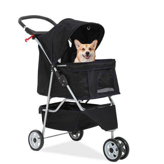 FDW Pet Stroller 3-Wheel Durable Foldable Cat Dog Stroller with Washable Liner Storage Basket Cup Holder,Dark Black