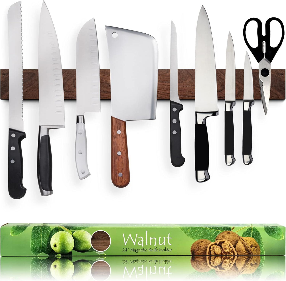 Premium 24 Inch (Large Size) Dark Walnut Wood Magnetic Knife Holder – Professional Wooden Magnetic Knife Strip - Space-Saving Knife Rack/Knife Bar with Powerful Magnetic Pull Force (Upgraded Version)