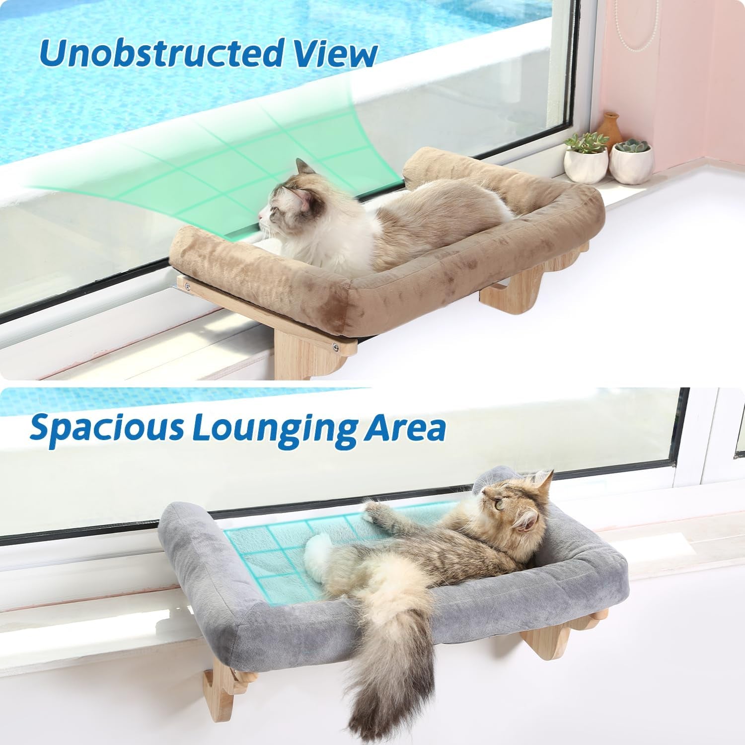 Zakkart Cat Perch for Window Sill with Bolster - Orthopedic Hammock Design with Premium Hardwood & Robust Metal Frame - Cat Window Seat for Large Cats and Kittens - Natural Color Wood Gray Bed, 24''W