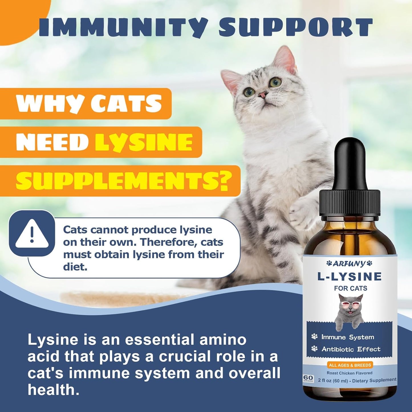 L-Lysine Supplement for Cats - Immune Support - 60ML Lysine for Feline Respiratory, Sneezing, Runny Nose, Eye Function - Natural Cat Antibiotic Drops - Roast Chicken Flavor