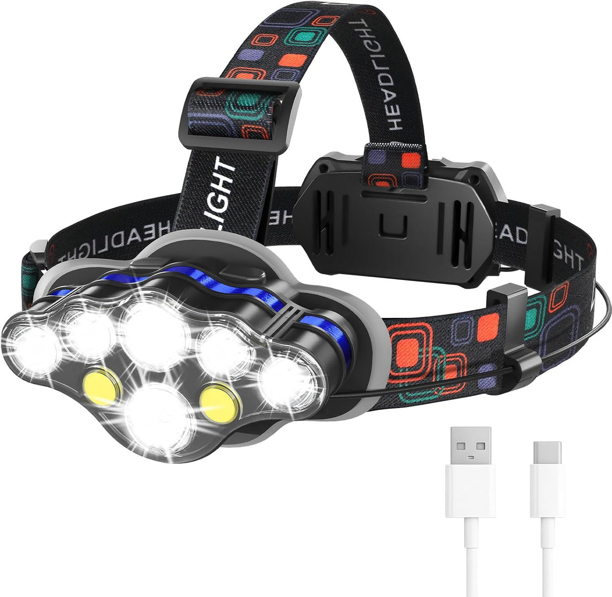 MIOISY 8 Led Headlamp Rechargeable, Super Bright Headlight Flashlight Black