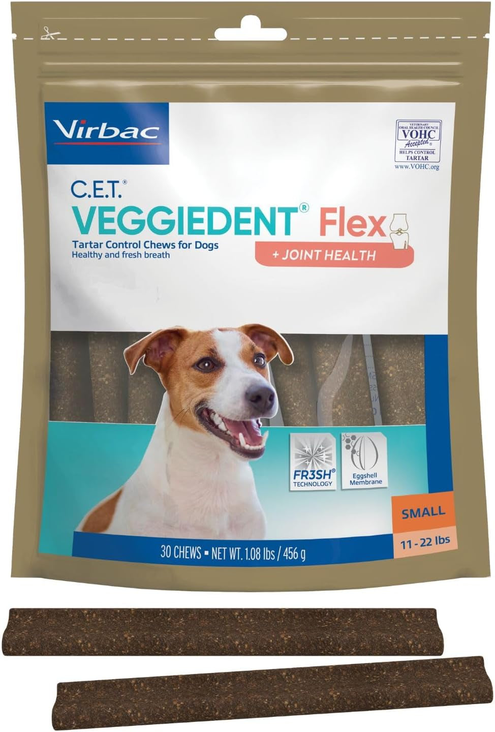 Virbac C.E.T.® VEGGIEDENT® Flex Tartar Control Chews for Dogs - Multifunctional to Support Joint Health, VOHC Approved - Small 11-22Lbs