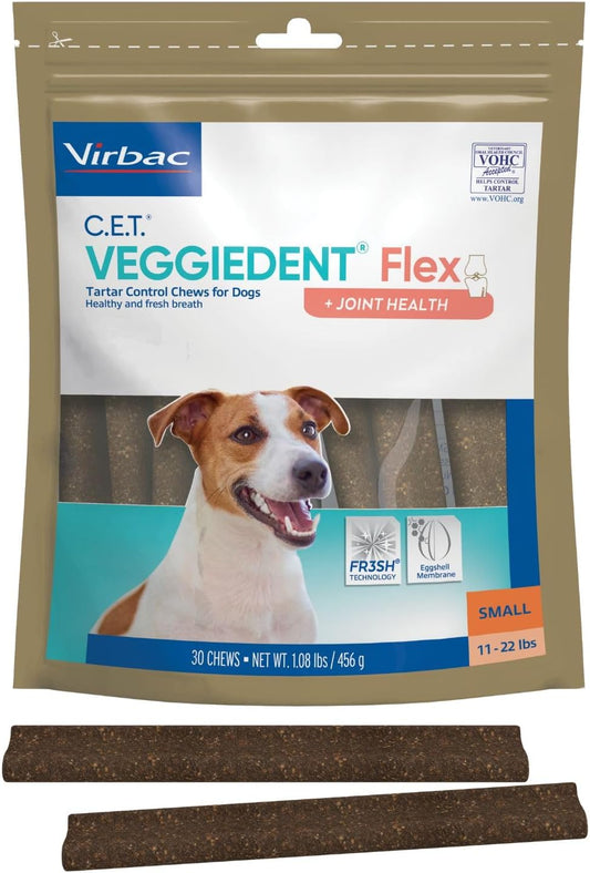 Virbac C.E.T.® VEGGIEDENT® Flex Tartar Control Chews for Dogs - Multifunctional to Support Joint Health, VOHC Approved - Small 11-22Lbs