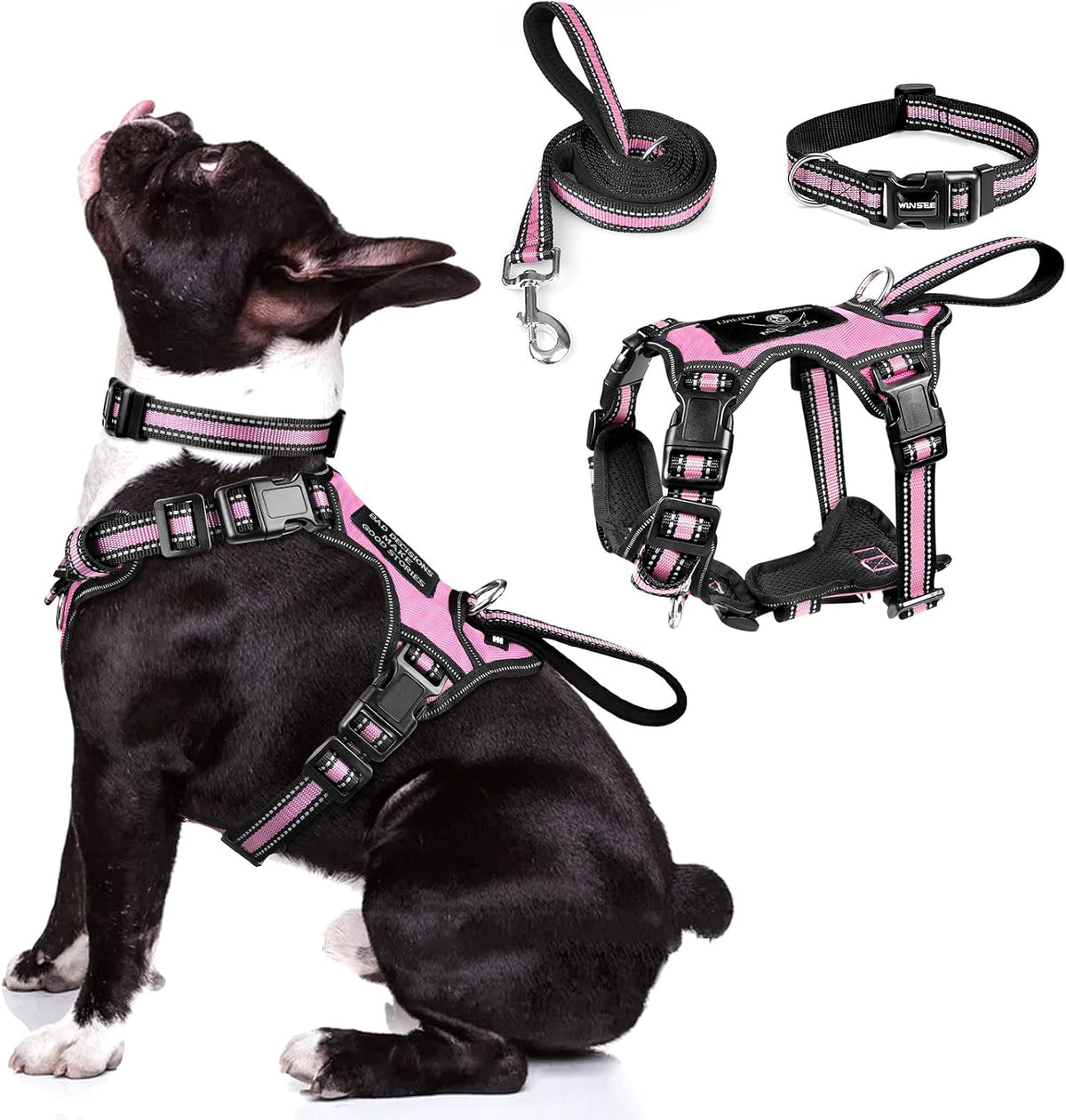 Pet Harness Collar and Leash Set, All-In-One Reflective Dog Harness No Pull with Adjustable Buckles for Puppies, Small, Medium, Large, and Extra-Large Dogs (Medium, Pink)