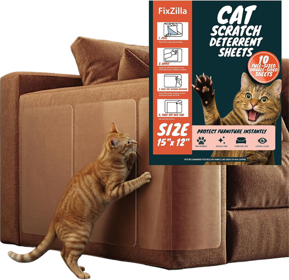 Fixzilla Double Sided anti Cat Scratch Furniture Protector for Couches - 10 Sticky Double Sided Tape Sheets Couch Protector from Cat Claws, Scratch Deterrent for Sofa Corners Paws Furniture Protection