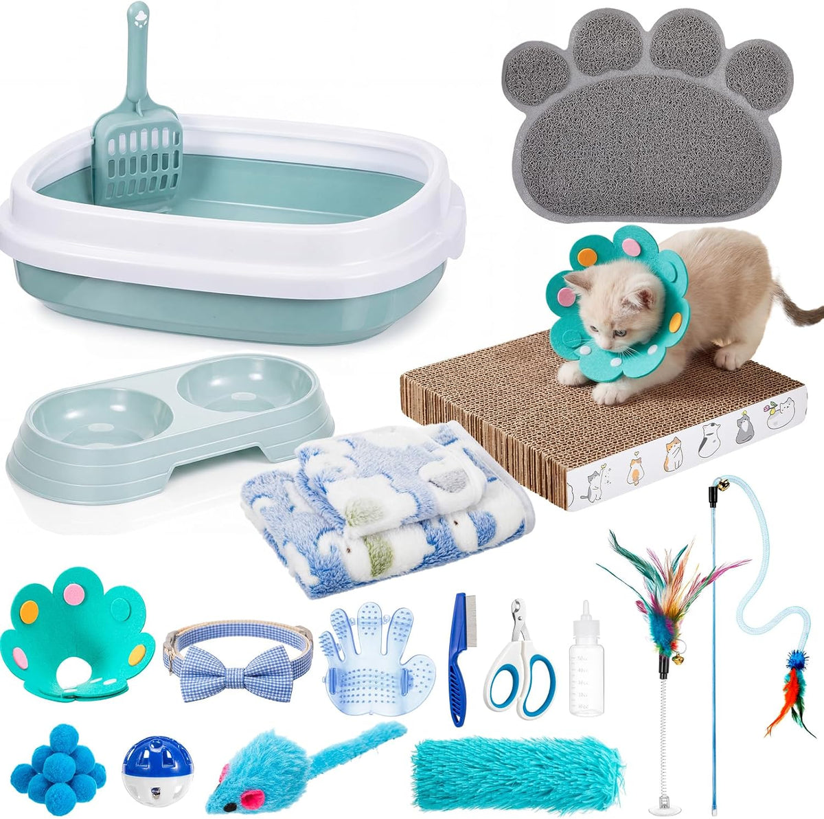 28 Pcs Cat Starter Kit with Litter Box Scratcher Toys Bowls, Blue