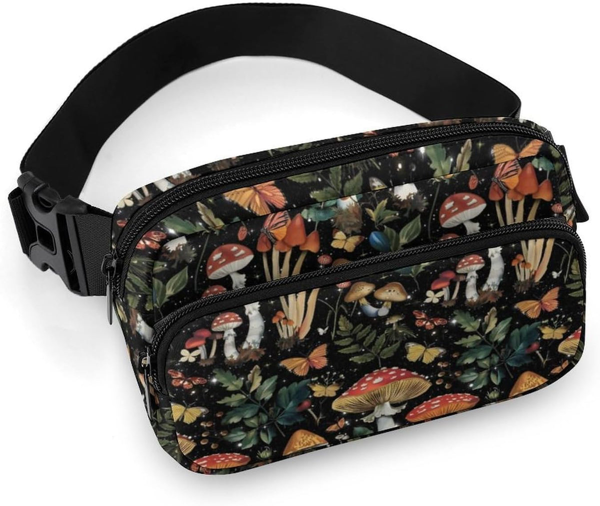 Mushroom Black Cross Body Fanny Pack for Women, Fashion Waist Packs, Crossbody Bags, Belt Bag with Adjustable Strap and 2 Zipper Pockets for Workout Travelling Running