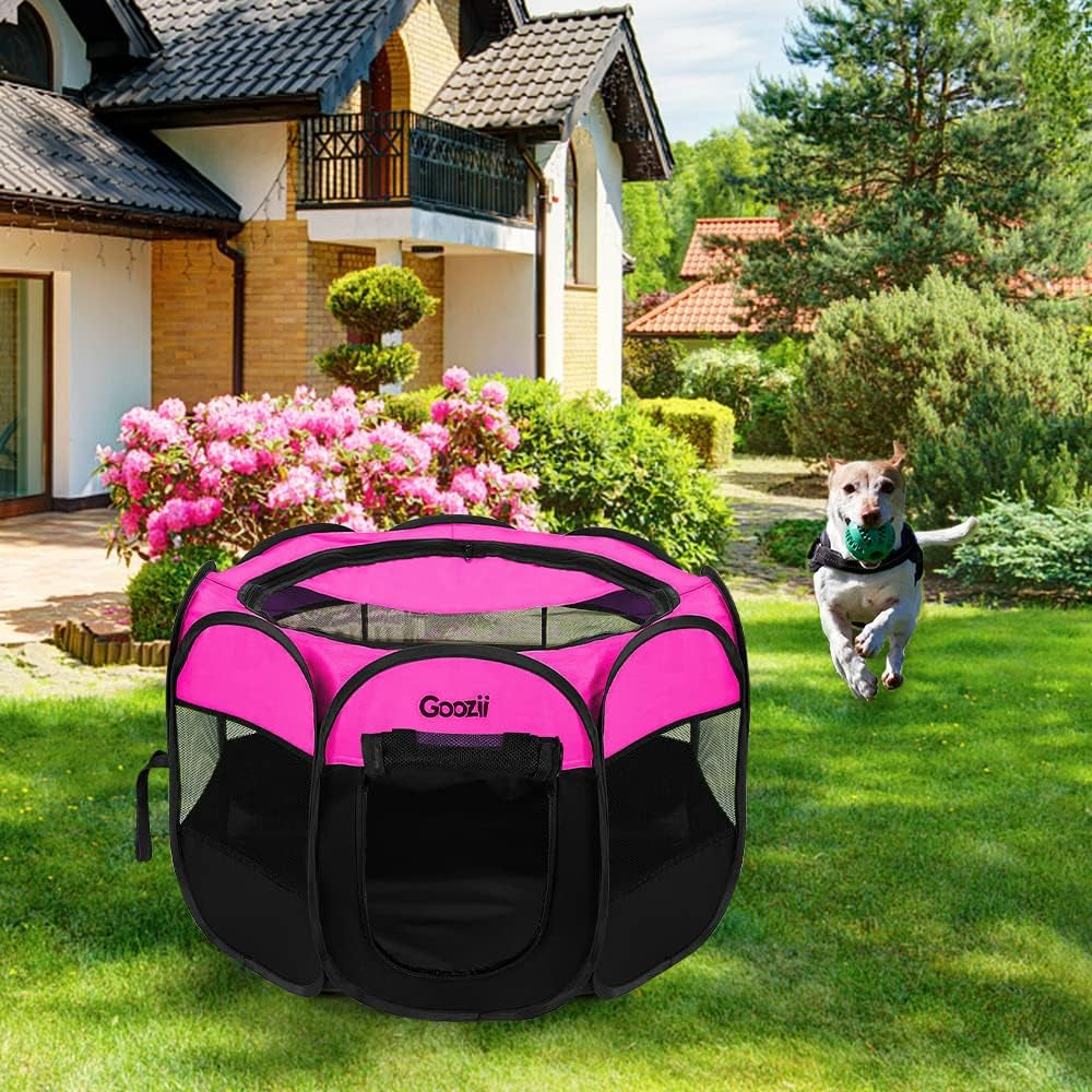 GOOZII Pet Cat Playpen for Indoor Cats Enclosed, Portable Foldable Dog Playpen Outdoor Tent Crate Cage with Zipper Top Cover Door for Kitten Puppy outside Rv Car Camper (Small Size, Pink)