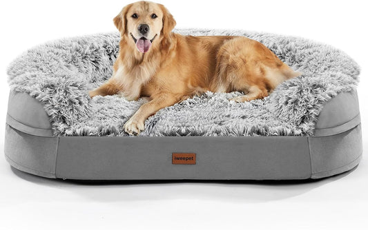 Iweepet Fluffy Calming Orthopedic Dog Beds for Large & Extra Large Dogs, 44’’ Supportive Dog Sofa Bed with 3.7 Inch 28D Egg-Crate Foam, Removable Washable Plush Cover, Waterproof Lining,Grey