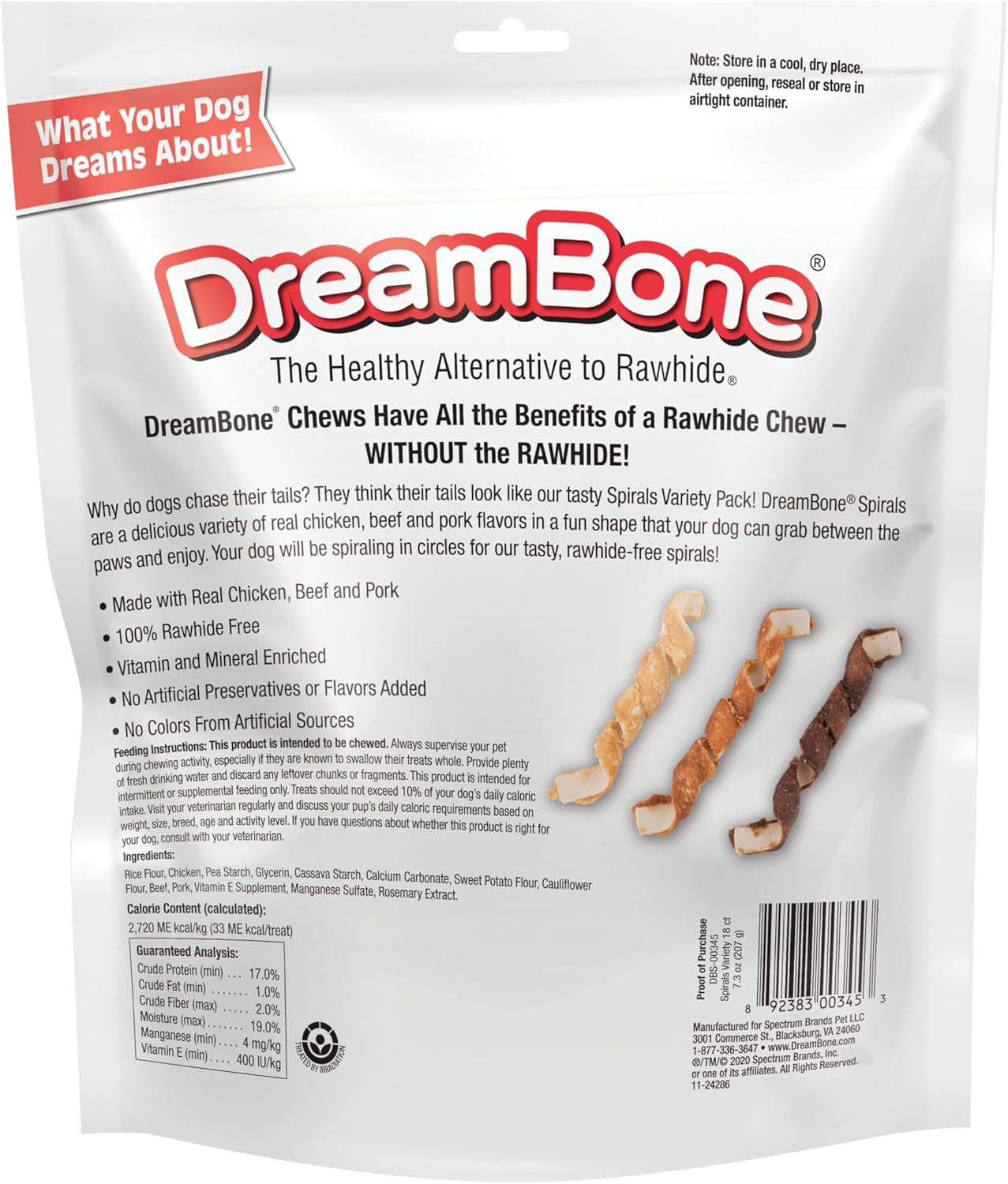 Dreambone Spirals Variety Pack Chews for Dogs, Treat Your Dog to Easy-To-Digest Rawhide-Free Chews Made with Chicken, Beef or Pork, 18 Count
