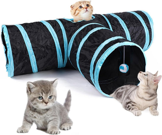 Foldable Cat Tunnels with Toy Ball - Indoor Play Tube for Large Cats, Kittens, and Rabbits (3 Way)