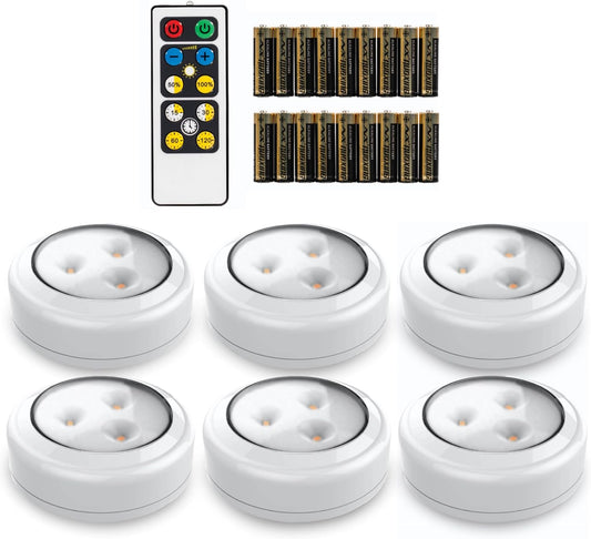 Brilliant Evolution Stick on Push Lights - 6 Pack Remote Controlled LED Lights under Cabinets - DIY Stick on Lights for Closet, Counter, Kitchen - Battery Operated Puck Lighting with Remote