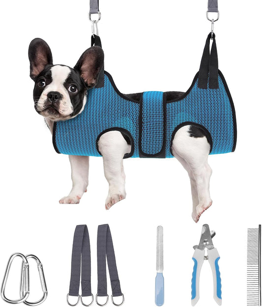 PAWCHIE Dog Grooming Hammock Harness for Dog Cat with Pet Nail Clipper Trimmer-Breathable Cat Hanger Sling for Trimming Clipping Nails-Dog Hammock Restraint Bag for Small Medium Large Dog, Dark Blue S