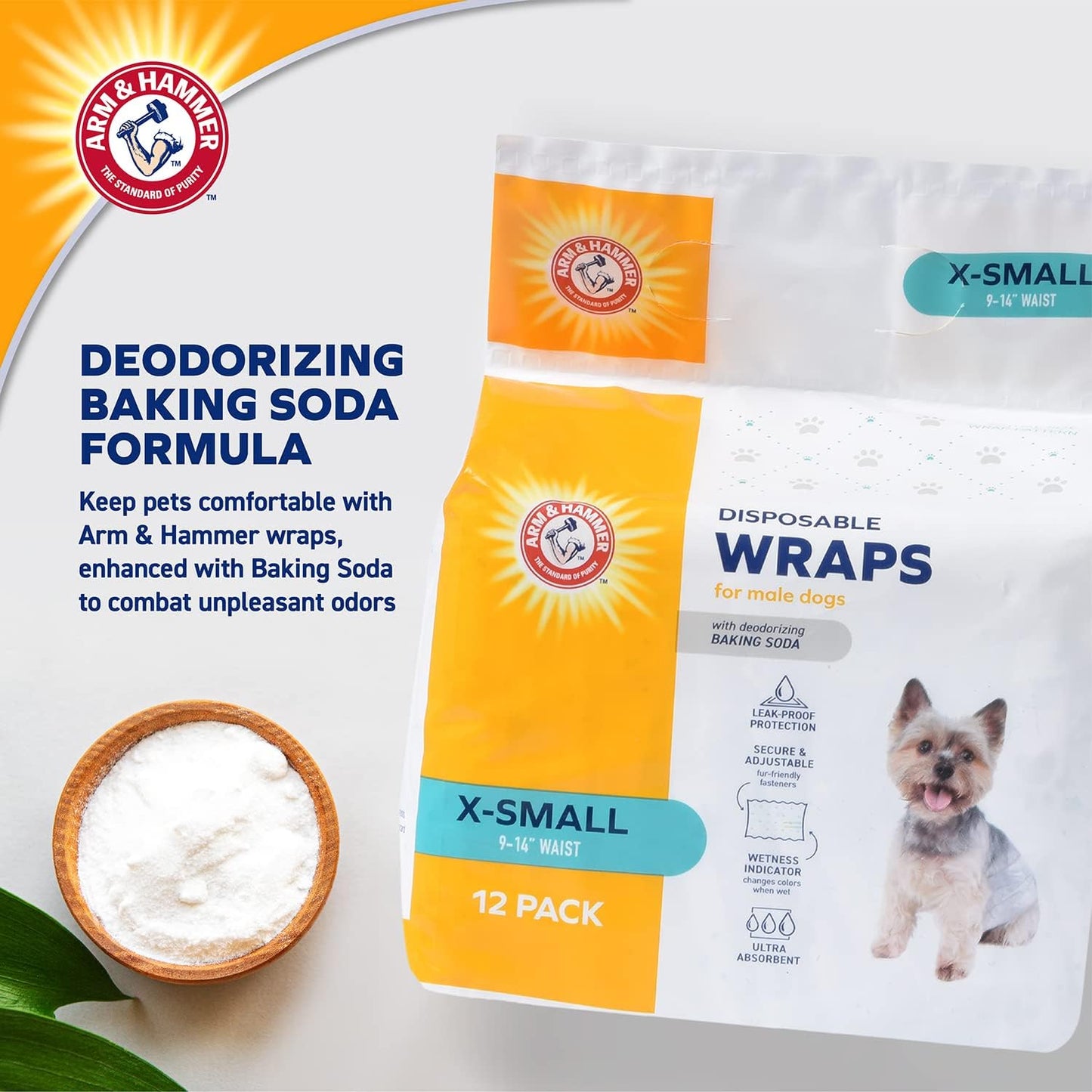 Arm & Hammer X-Small Male Dog Wraps, Disposable Belly Band Diapers with Baking Soda Odor Control, Super Absorbent Leak Resistant Design for Marking and Incontinence, 9-14 Inch Waist, 12 Count