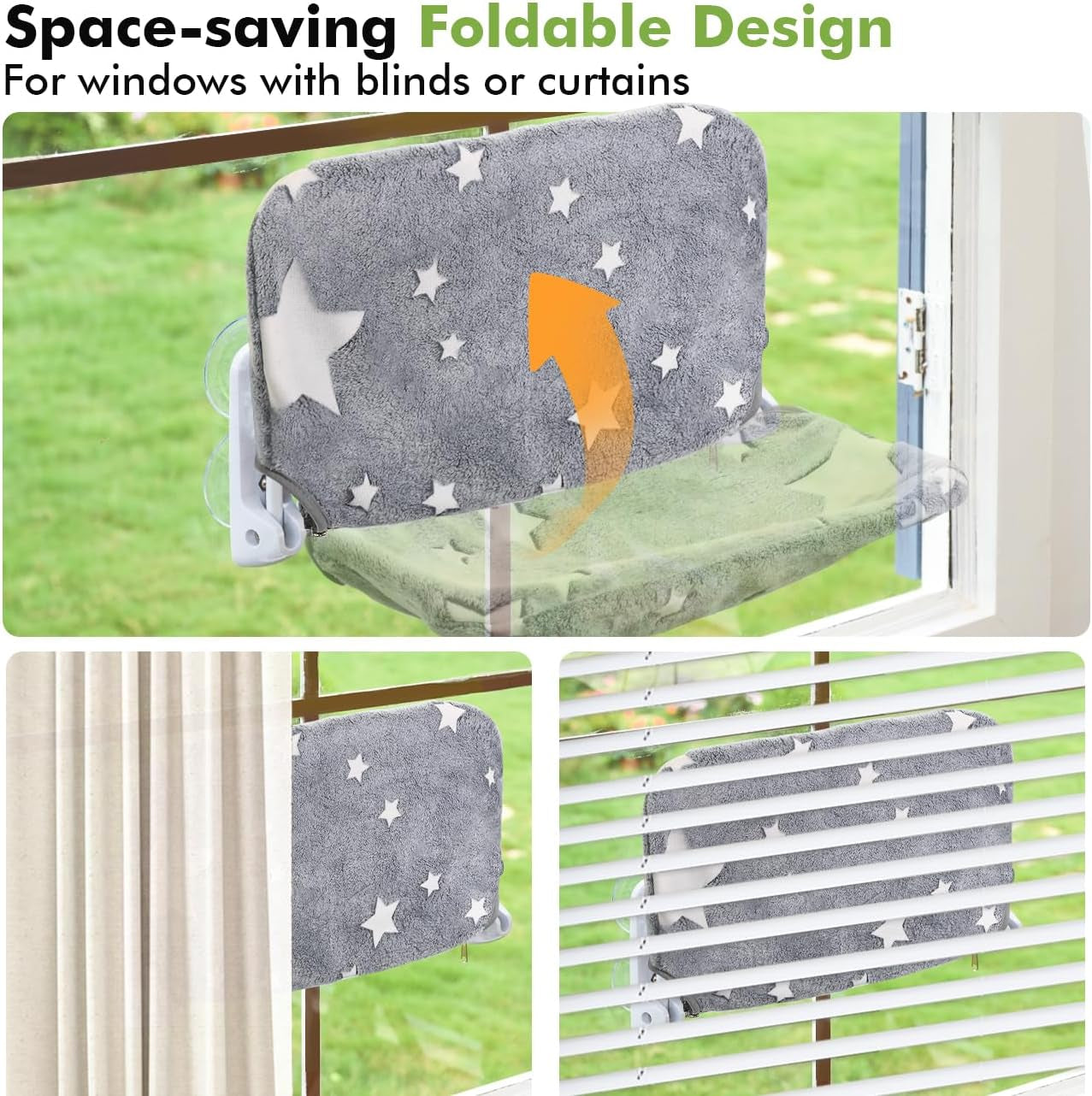 Zoratoo Cat Window Perch, Glow in the Dark Cordless Foldable Pet Hammock Bed for Window with Sturdy Metal Frame, Glowing Stars Pattern Resting Seat for Indoor Cats (Stars - M)