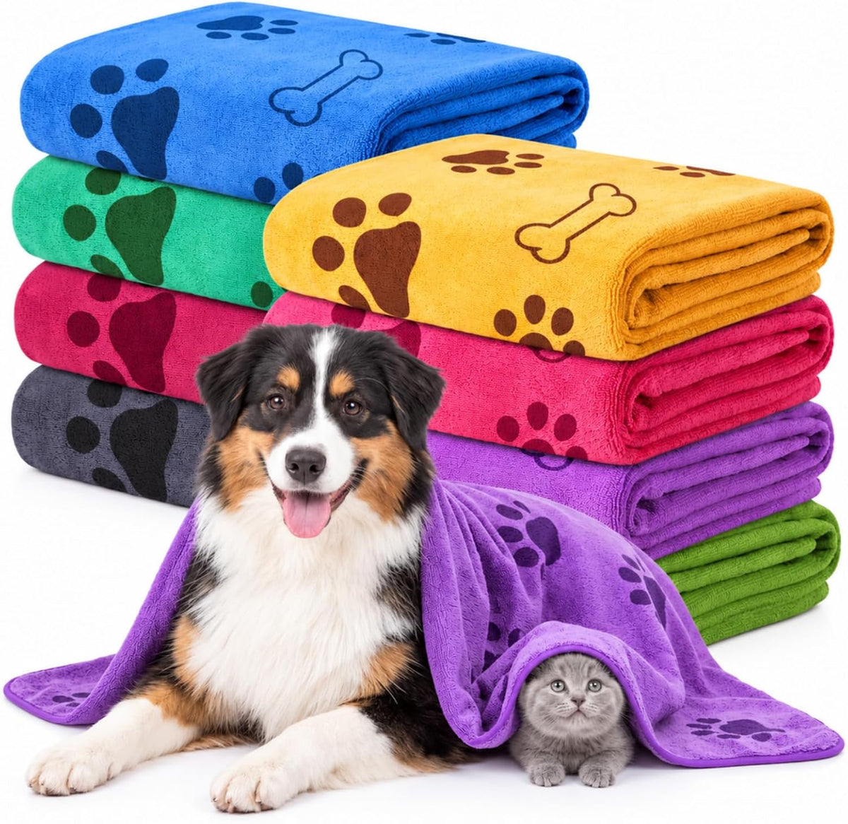 Chumia 8 Pcs Dog Towel for Drying, 40 X 24 Inch, Dog Paw and Bone, Colorful