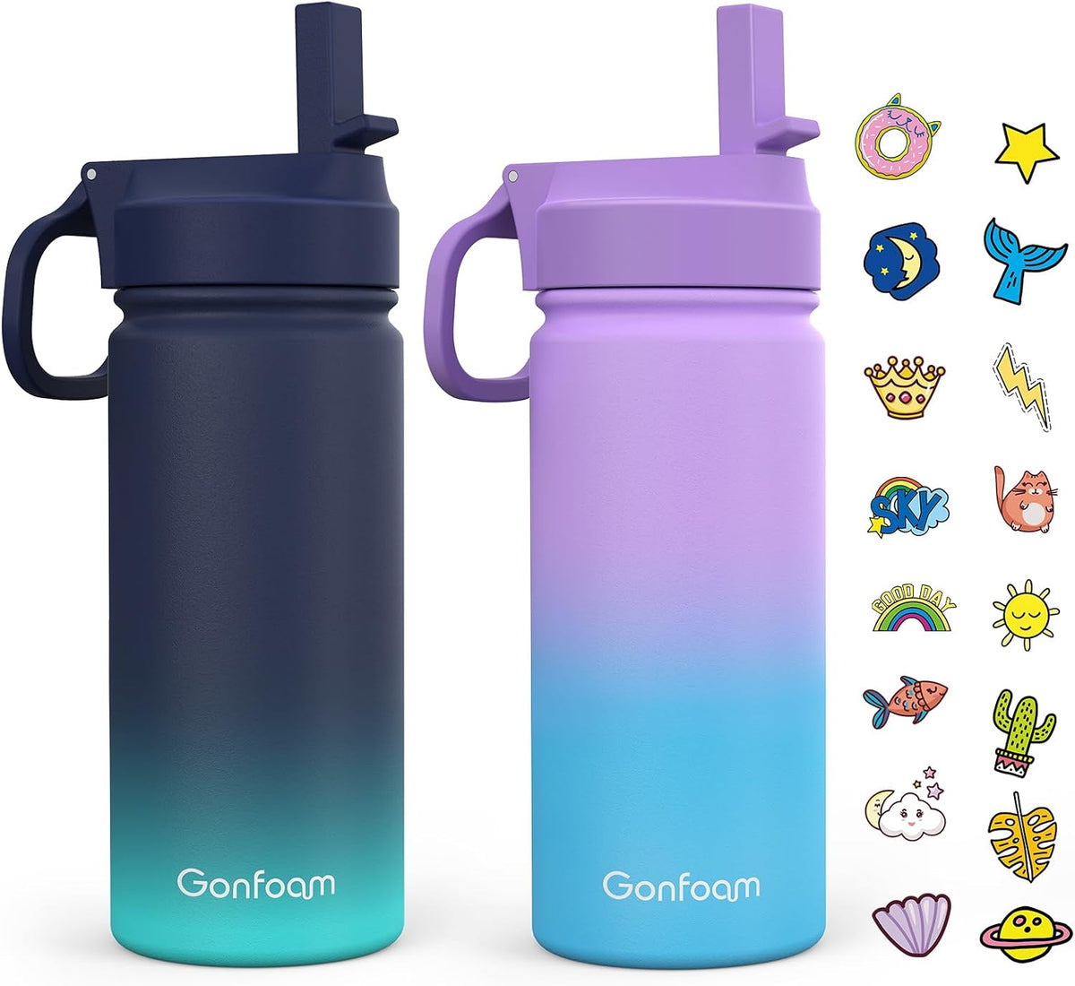 Gonfoam 16Oz Kids Stainless Steel Insulated Water Bottle, 2 Pack