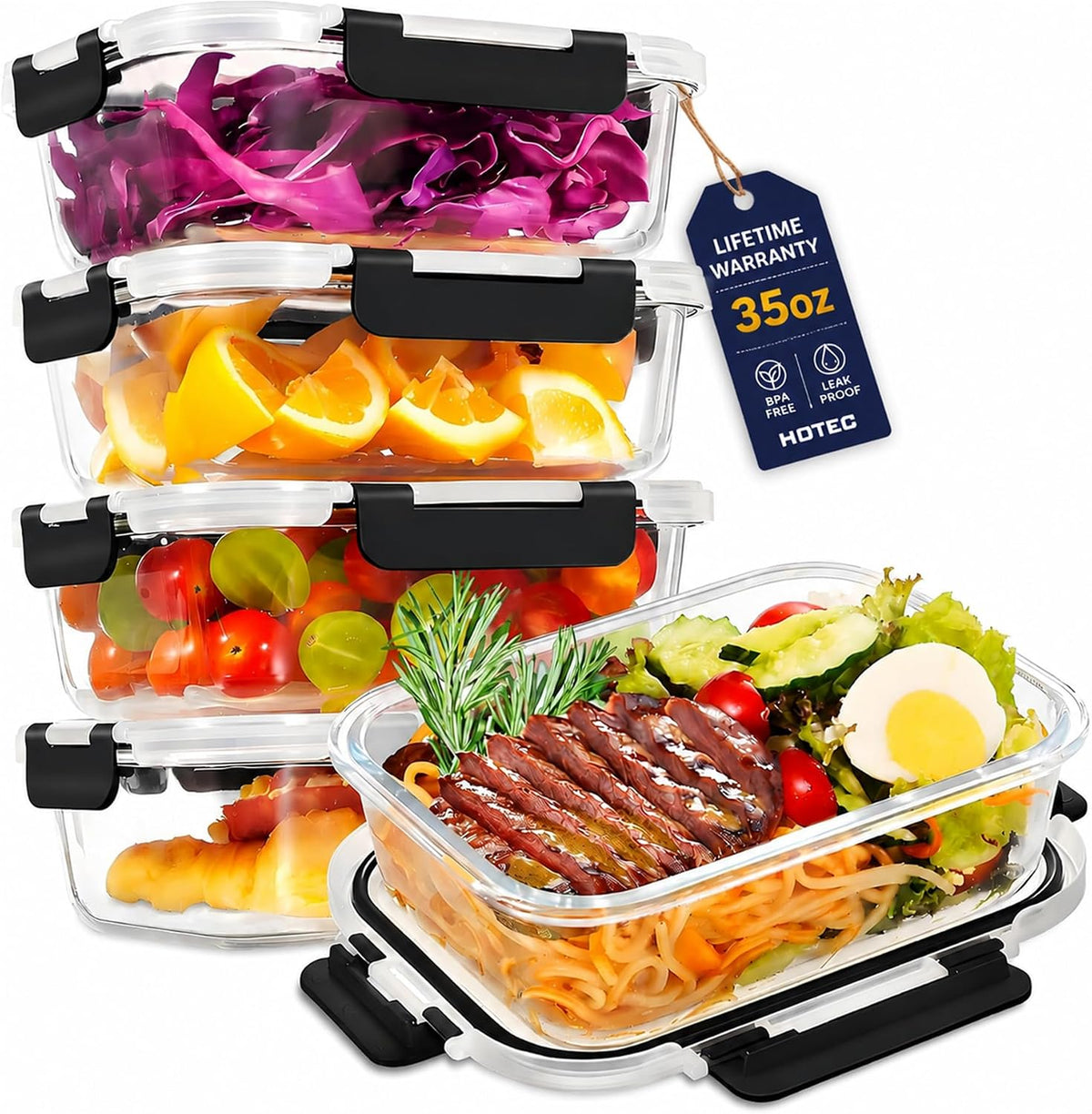 HOTEC 4-Pack 4.4 Cups/35Oz Glass Food Storage Container Set