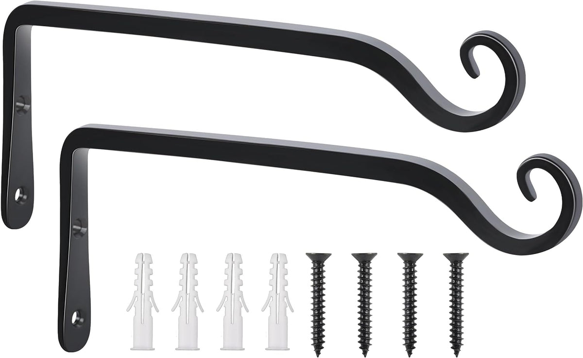 FEED GARDEN Wall Hooks for Hanging Plants 10 Inch - 2 Pack Heavy Duty Metal Plant Brackets, Holds 48 Lbs, Rust Resistant Black L-Shape Hooks for Bird Feeders Baskets Lantern Wind Chimes Outdoor Indoor