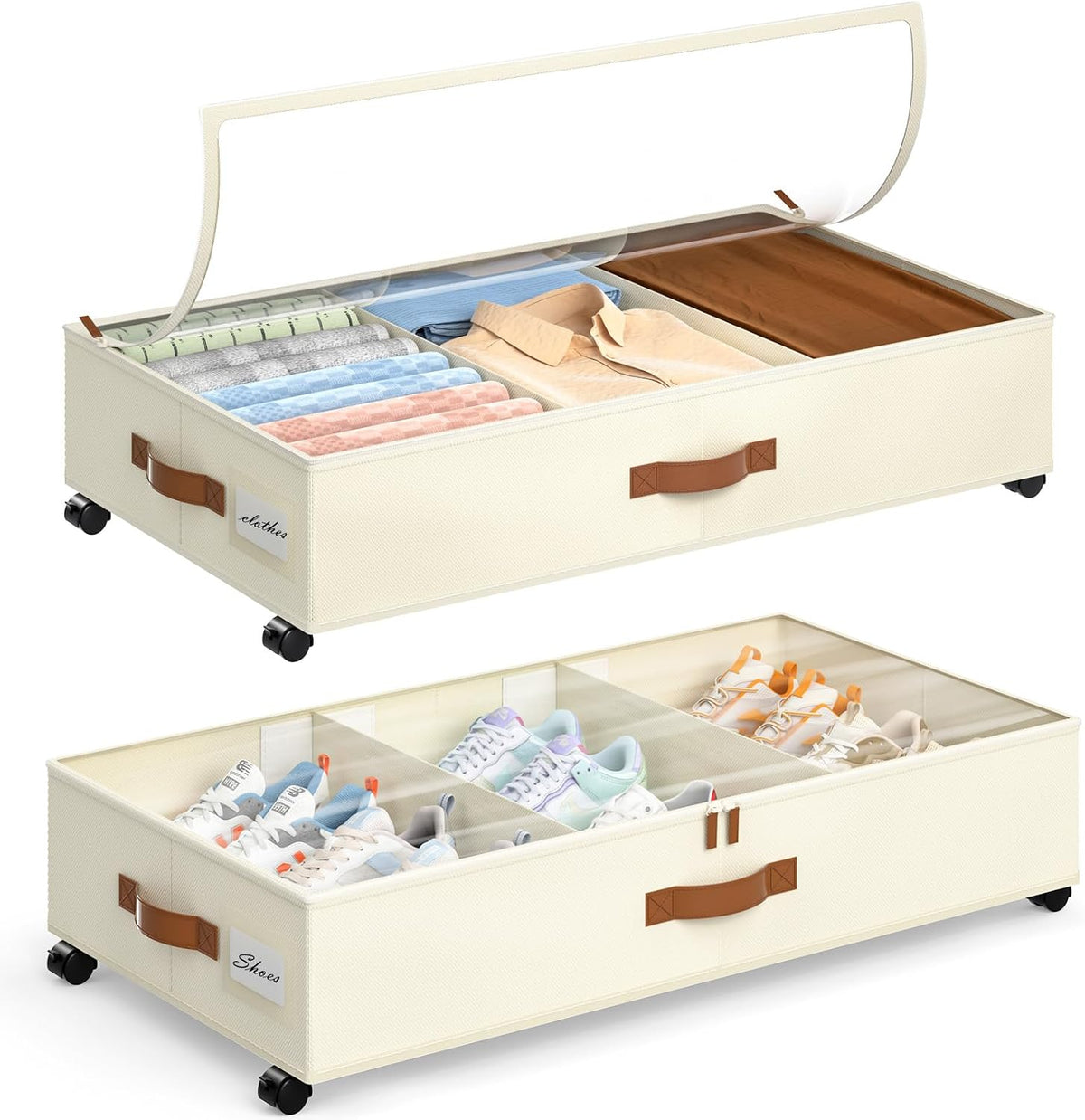 Yecaye under Bed Storage with Wheels, 2 Pack under Bed Storage Containers with Adjustable Dividers & Clear Lid, Rolling Underbed Organizer Bins Drawer for Clothes, Shoes, Blankets(30.3 X 16 X 6.7In)