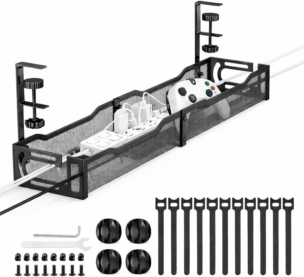 Under Desk Cable Management Tray – 25” Metal Cable Organizer with Clamp Mount, No Drill Wire Management Rack for Office & Home Desk (Black)