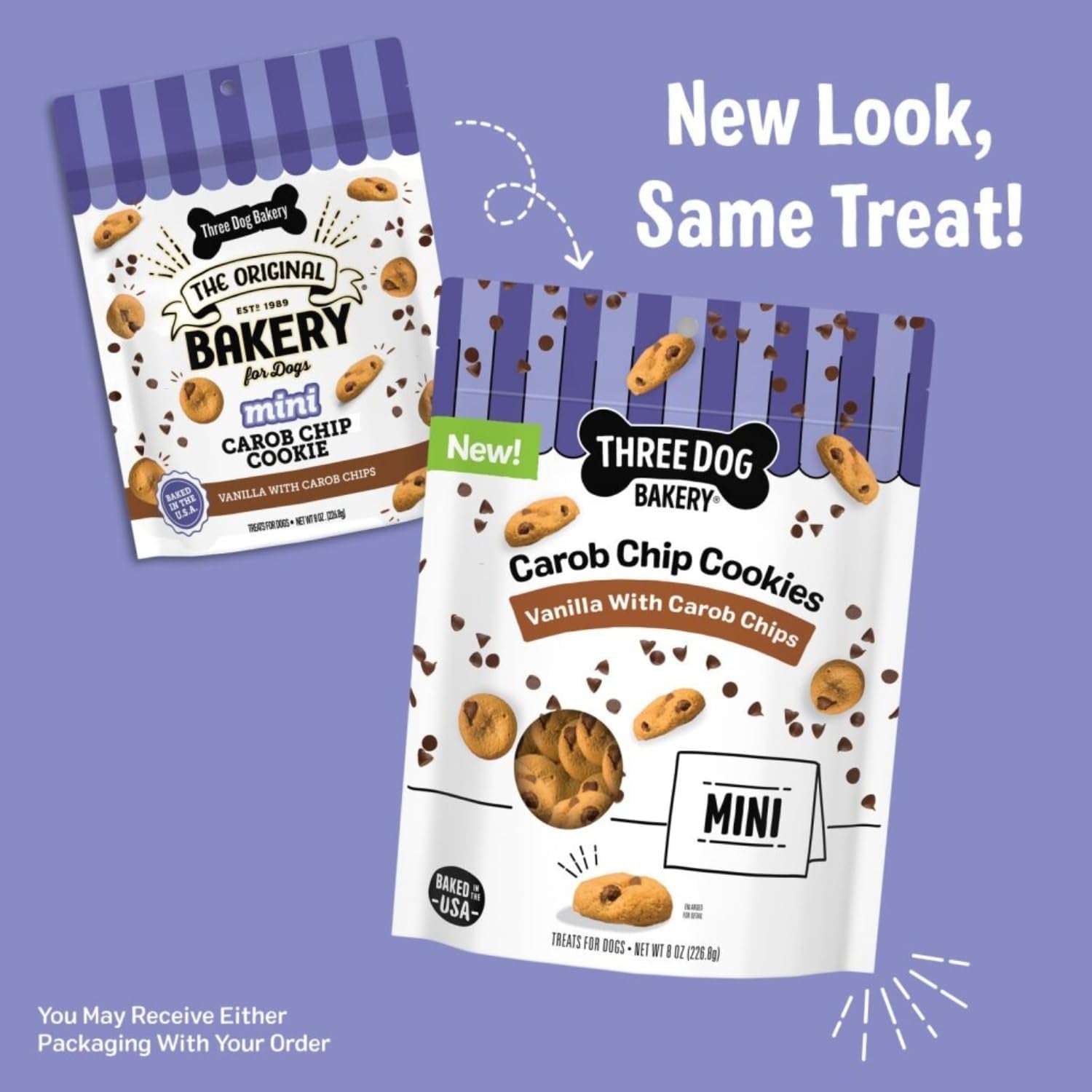Three Dog Bakery Mini Carob Chip Cookies for Dogs, Crunchy Dog Treats with Real Ingredients, 8 Oz