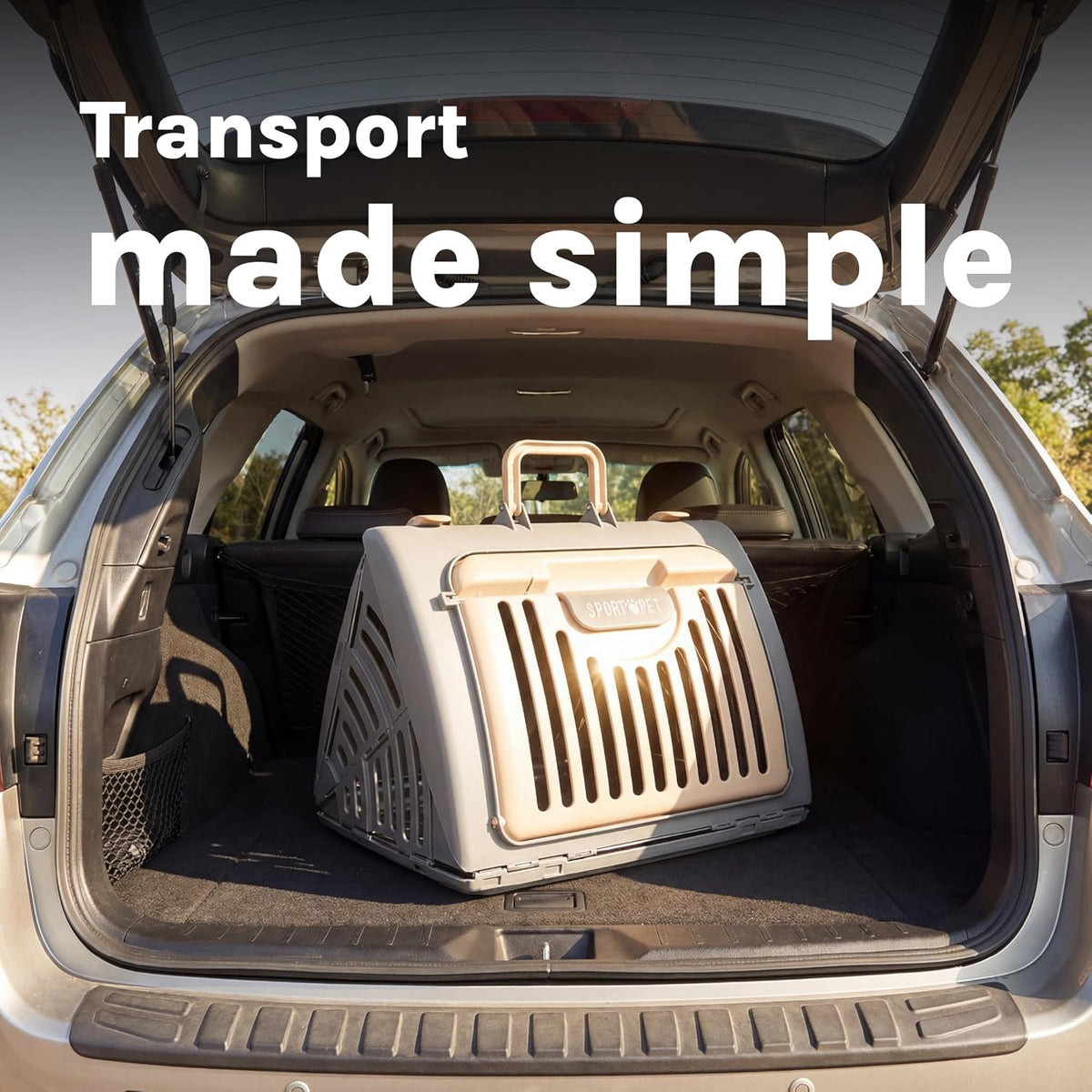 Sportpet LARGE Hard-Sided Travel Cat Carrier - Cat Carrier with Patented Wide Side-Opening Door, Foldable Portable Pet Carrier with Removable Bed for Cats & Small Pets up to 25Lbs - Gray/Tan