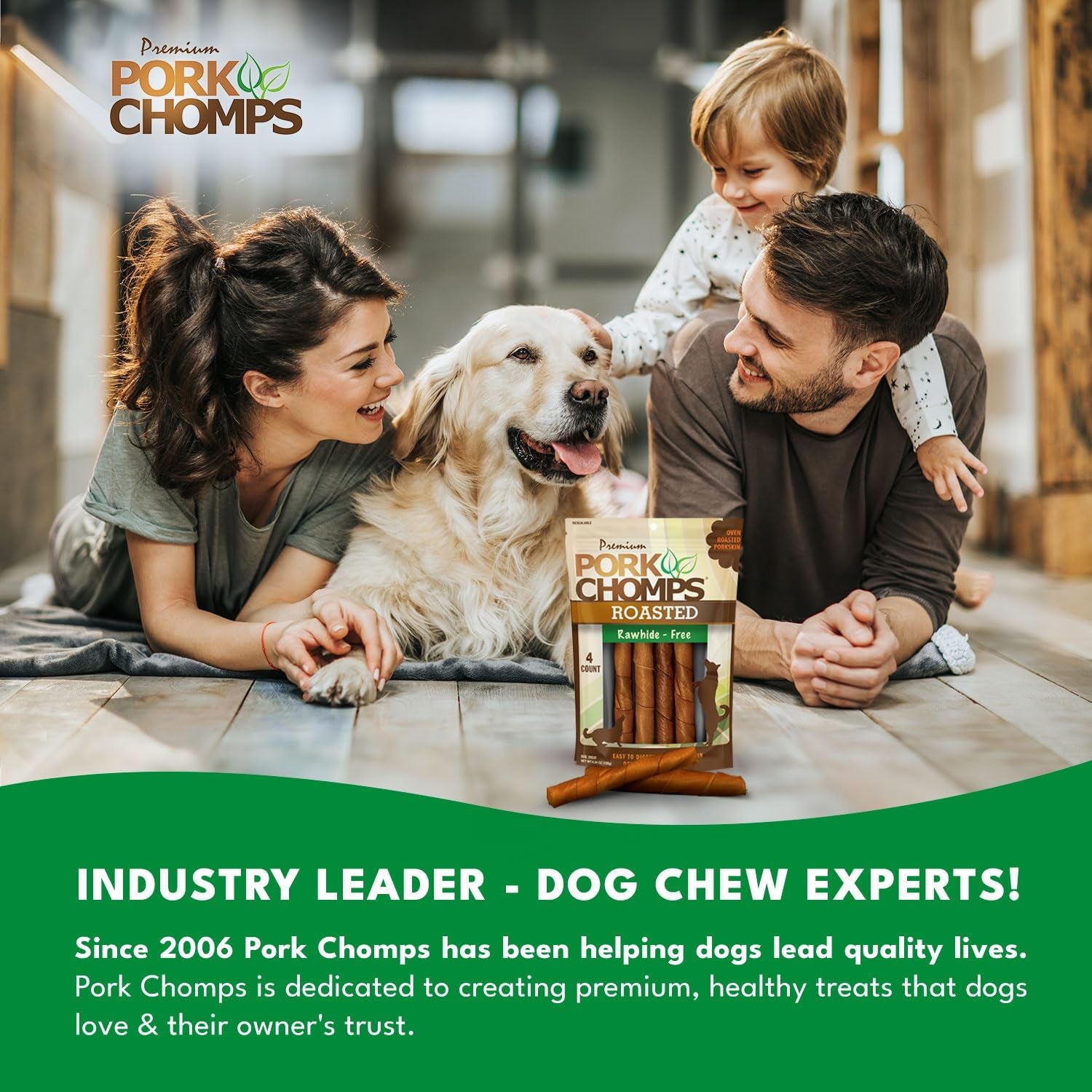 Pork Chomps Roasted Pork Skin Dog Chews, 6 Inch Twists, 4 Count - Long-Lasting Treats for Dogs - High Protein, Rawhide-Free, Low Fat, Healthy & Delicious Chews