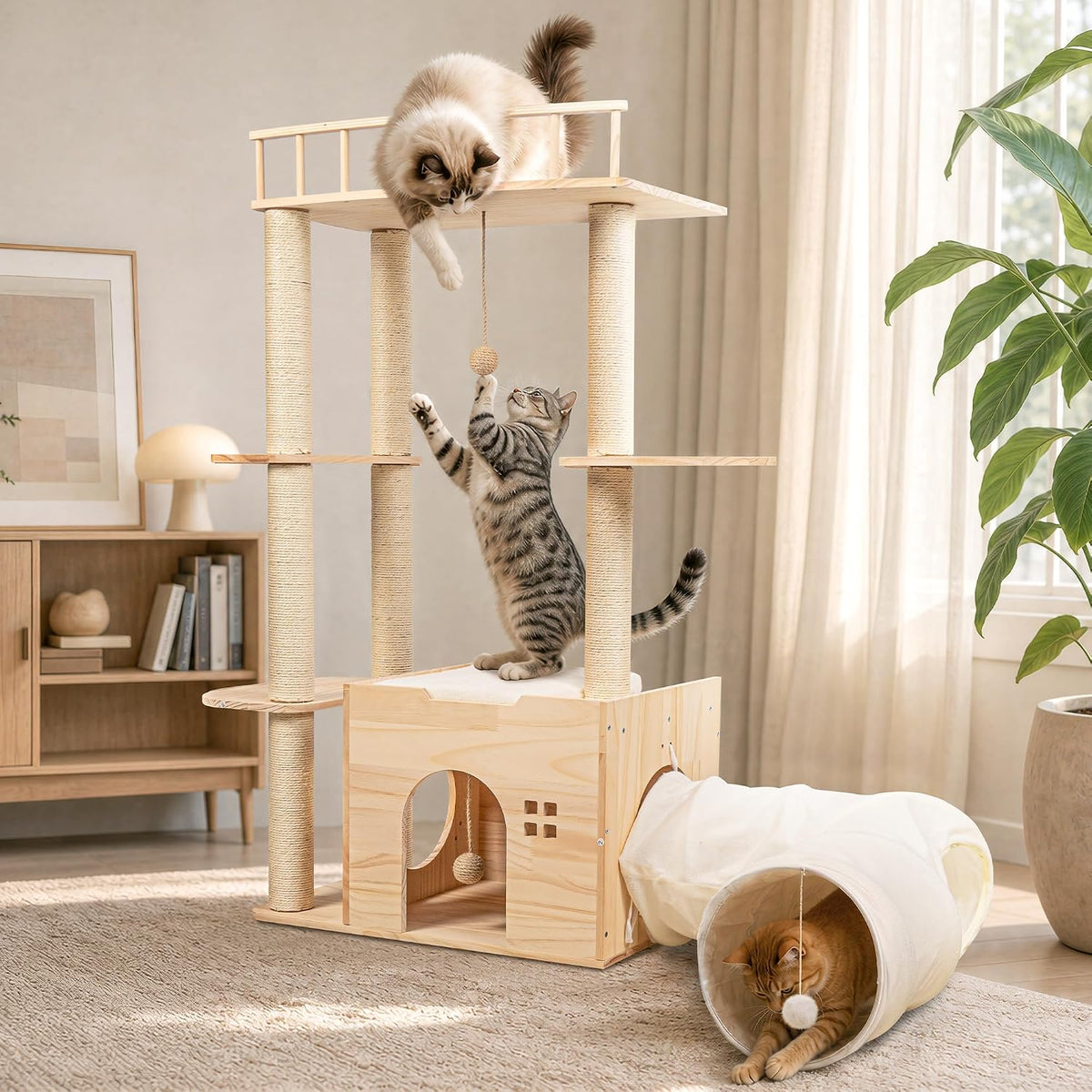 45" Solid Wood Cat Tree for Indoor Cats, Cat Tower with Tunnel, Sisal Posts