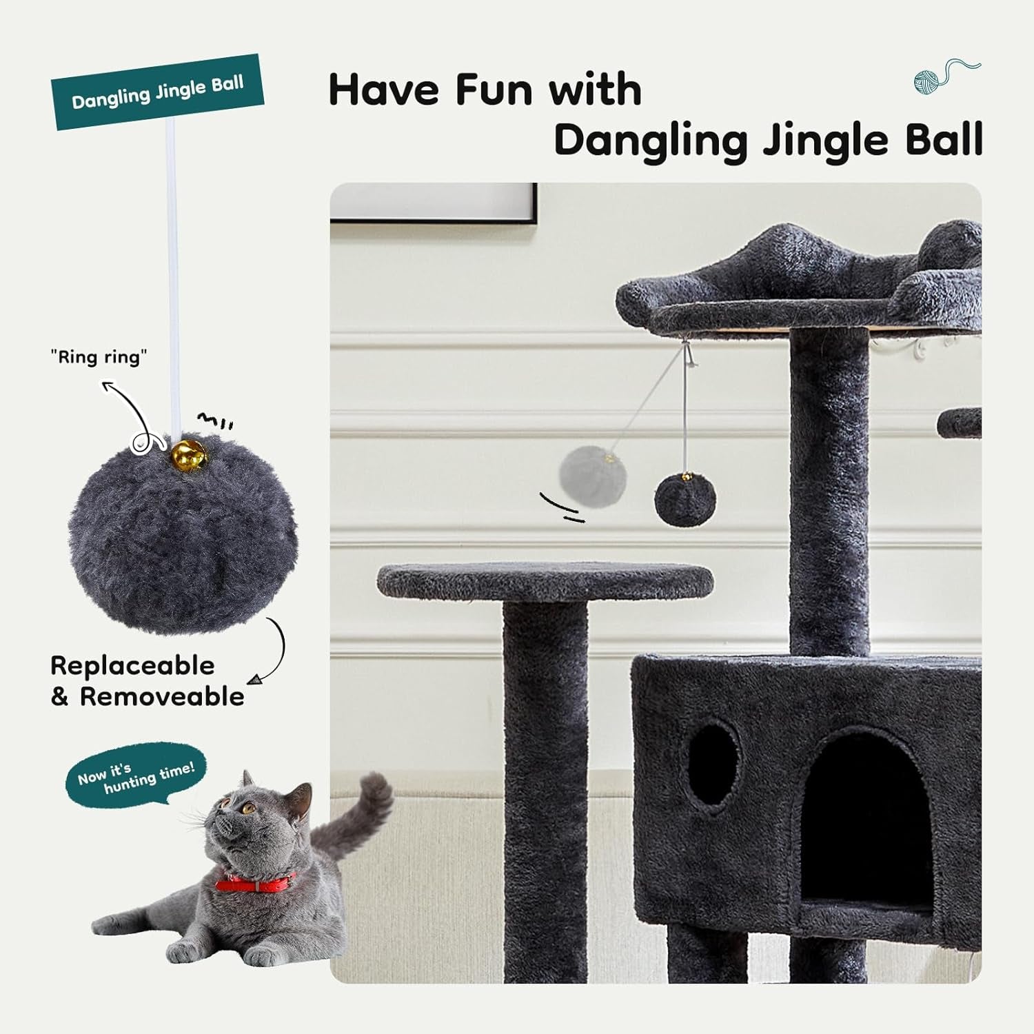 DUMOS 54-Inch Indoor Cat Tree Tower –Multi-Level Pet House for Large Cats with 2 Condos, Scratching Posts, round Platform, Small Ladder, and Toys – Perfect for Cats of All Ages, Dark Grey