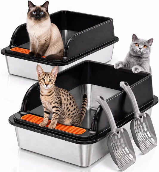 2 Pack Large Stainless Steel Cat Litter Boxes with Scoops