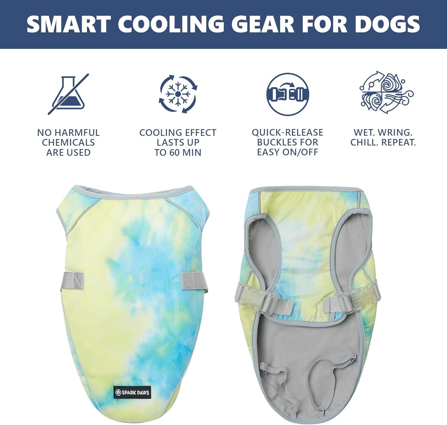 Spark Paws Dog Cooling Vest - SPF 50 UV Sun Protection - Summer Heat Relief Gear for Dogs, Lightweight, Evaporative Cooling - Dog Anxiety Relief Vest during Hot Days - Tropical Storm, XL