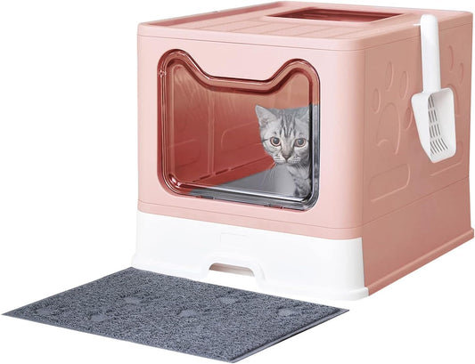 Medario Cat Litter Box with Litter Mat and Scoop(Pink)