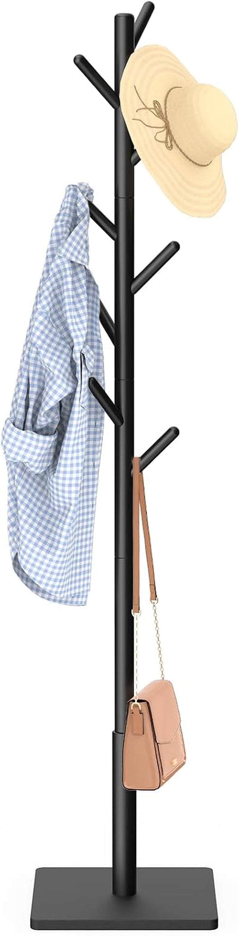 Wooden Coat Rack Freestanding with Stable Square Base, Black