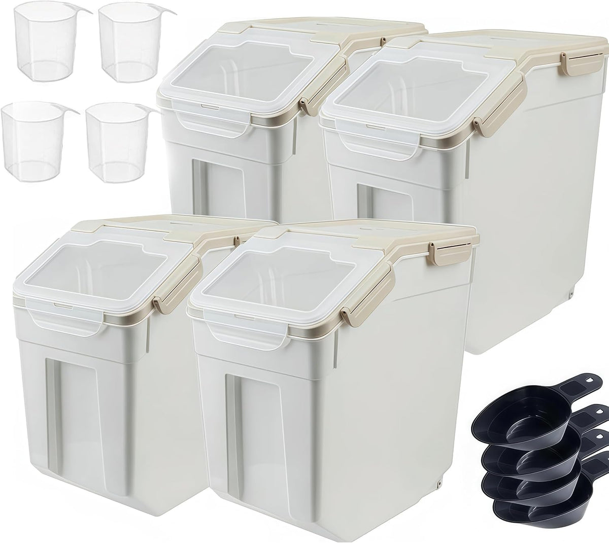 RUIAN 25Lb Flour Rice Storage Containers Bin, Large Airtight Storage Container with Wheels Seal Locking Lid, with Measuring Cup&Scoop for Flour, Rice, Grain(Gray 4PCS)