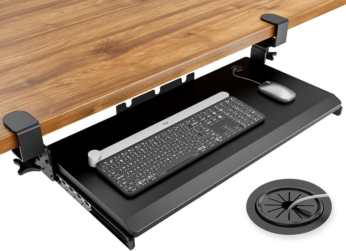 Hemudu Keyboard Tray under Desk Pull Out with Extra Sturdy C Clamp Mount System, 27.3 (32.5 Inch Including Clamps) X 11 Inch Slide-Out Platform Computer Drawer for Typing Black